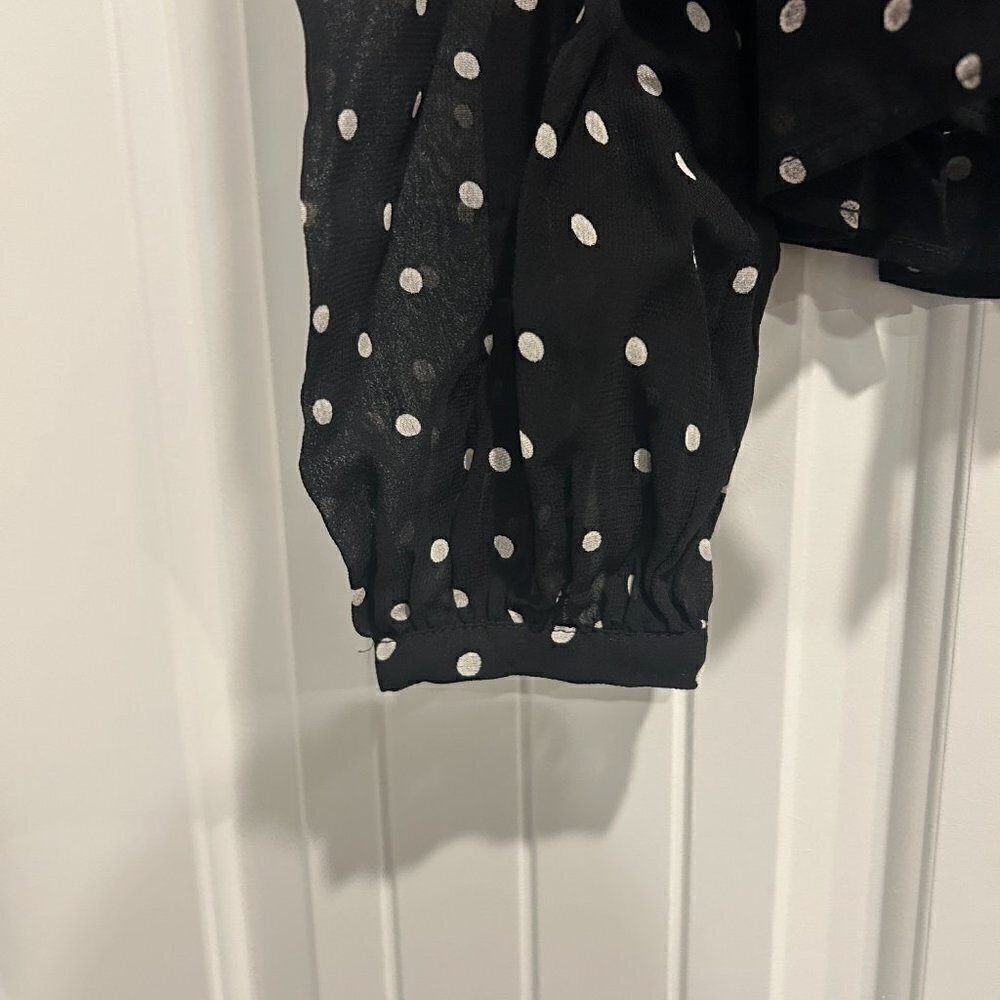 Zara Black and White Polka Dot Smocked Peplum Mesh Blouse Women’s Size Small - Picture 8 of 12